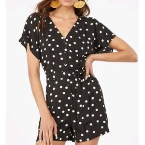JustFab Large $65 Black Polka Dot Rayon Romper Vintage Pin Up Retro Front Button
